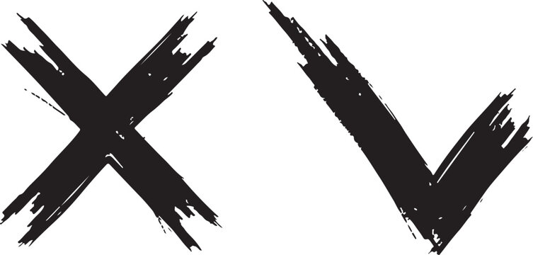 Black hand-drawn grunge cross and check mark symbols with textured brush strokes isolated on a white background.