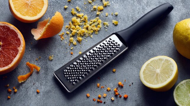 Citrus peel, grater tool, and fruit bits sit on a textured gray surface, close up.