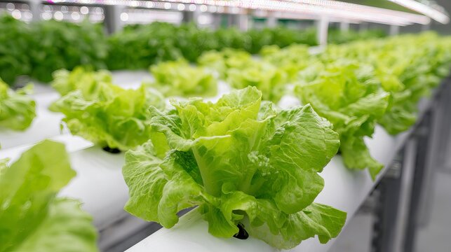 Rows of vibrant green lettuce plants growing in a modern indoor hydroponic farm with LED lighting