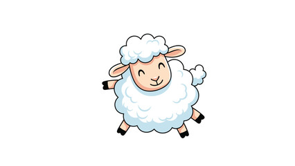 Fototapeta premium Happy and fluffy white sheep character jumping playfully on a white background representing farm animals, wool, and innocent childhood fun.
