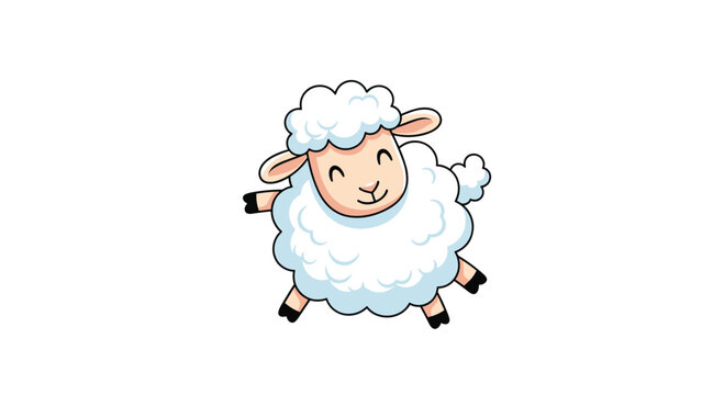 Happy and fluffy white sheep character jumping playfully on a white background representing farm animals, wool, and innocent childhood fun.
