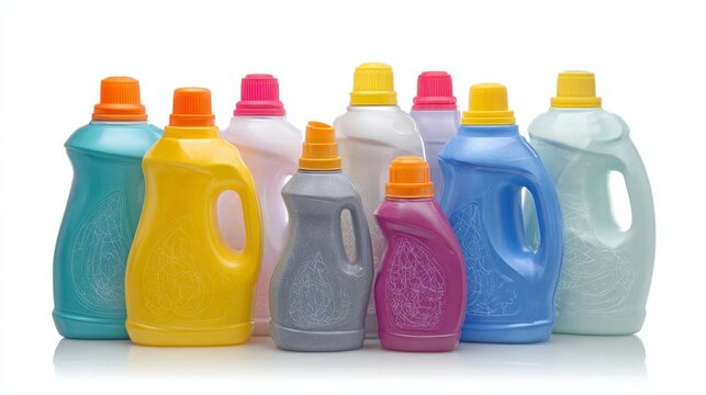 Fabric softener bottles and their caps sit alone on a white background.