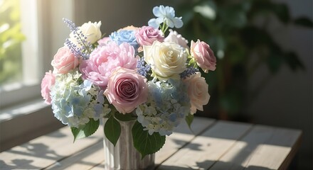Elegant floral arrangement featuring colorful roses and hydrangeas indoors near window