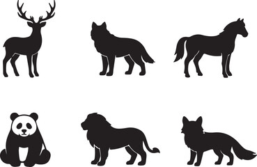 Obraz premium Collection of diverse animal silhouettes including deer, wolf, horse, panda, lion, and fox vector illustration