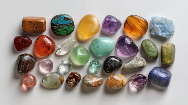 Various colorful stones for healing rest on a plain white background, seen from above.