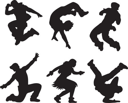 Dynamic Breakdance Silhouettes: Energetic B-Boy and B-Girl Poses, Vector Illustration