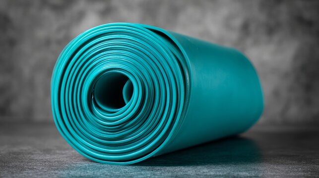 Roll of stretchy turquoise plastic sits on a gray surface, seen up close.