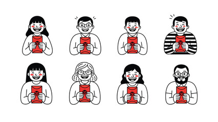 Fototapeta premium Joyful Diverse People Holding Red Envelopes. Flat Cartoon Characters Celebrating and Receiving Gifts. Minimalist Illustration.