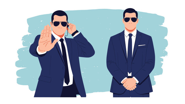 Two professional security guards in suits and sunglasses stand ready, with one holding a hand out in a stop gesture.