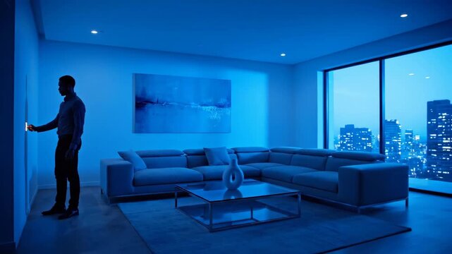 One person, an adult Black man turning on lights in a modern living room with city view. Smart home technology, indoor lifestyle.