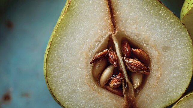 A close-up view of a sliced pear showing its seeds and core on a blue background