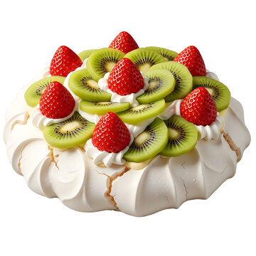 Pavlova with kiwi and strawberries isolated on transparent background