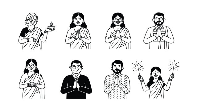 Indian Cultural Gestures and Festival Celebrations Line Art Set