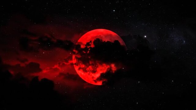A vibrant red moon dominates the night sky, framed by a glowing neon border, creating a dramatic atmosphere.