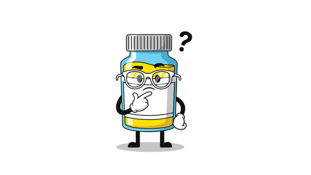Thinking pill bottle character wearing white glasses and looking up at a question mark to show health or medical confusion.