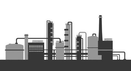Naklejka premium Industrial factory plant illustration with distillation towers and oil refinery silhouette in flat design style.