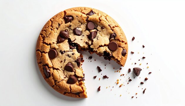 Delicious homemade chocolate chip cookie with bite removed on bright white background showcasing a classic dessert treat for snack time