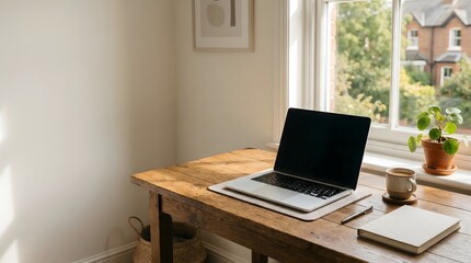 Fototapeta premium Clean home workspace with laptop near window in warm sunlight creating focused productivity and calm working environment