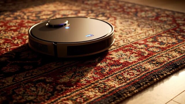 Robot vacuum cleaner on a patterned rug near wood floor automates cleaning with technology.