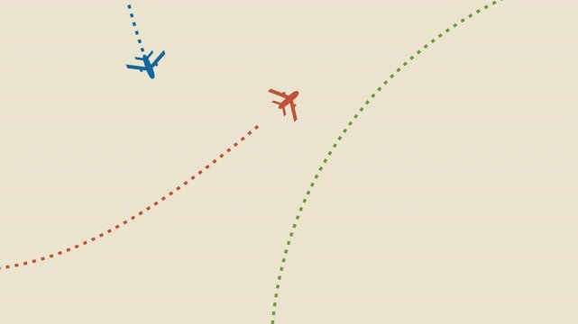 Minimalist animated graphic showing multiple airplanes flying on dotted flight paths across a plain background