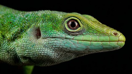 Fototapeta premium A close-up of a vibrant green lizard's head with a black background