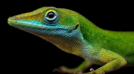 Fototapeta premium A vibrant green lizard with a blue chin and yellow accents on its face is shown in a close-up profile against a black background