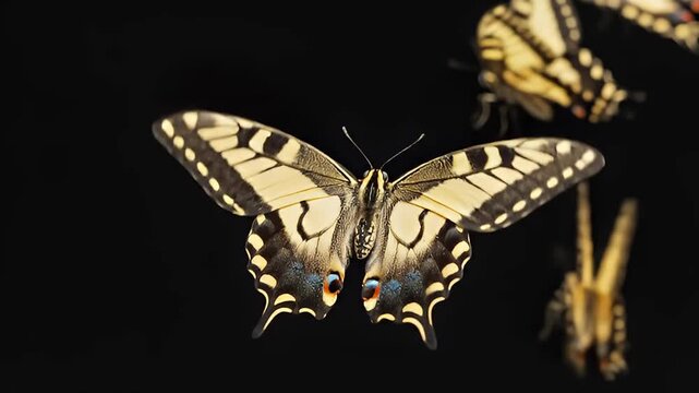 Yellow swallowtail butterflies flying gracefully against a black background