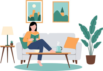 Fototapeta premium Woman relaxing on sofa, reading a book in her cozy living room. Modern decor, plants, and wall art create a peaceful home leisure scene