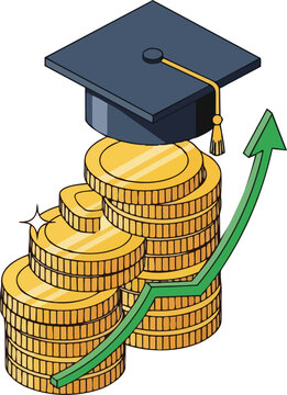 Financial Concept of University Tuition and Academic Success: Stacked Gold Coins with Graduation Cap and Green Growth Arrow