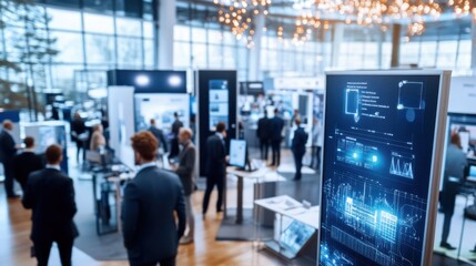 Obraz premium Modern technology exhibition with people interacting with digital displays and data visualizations