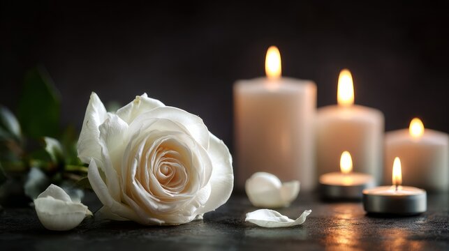 White rose and candles glowed on a dark table, a close-up for funeral remembrance.