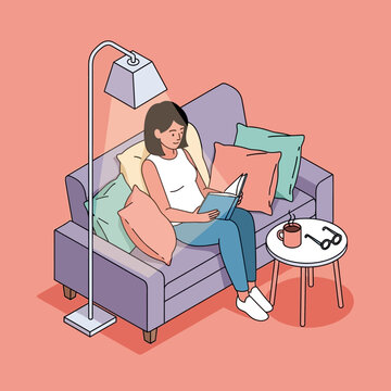 Woman relaxing on couch with laptop.