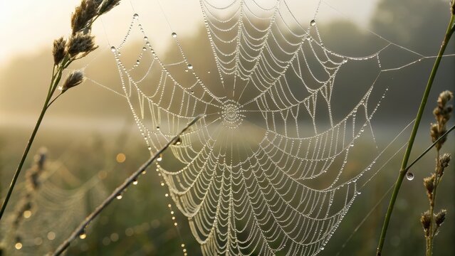 Dewdrops adorn delicate spiderweb in soft morning light