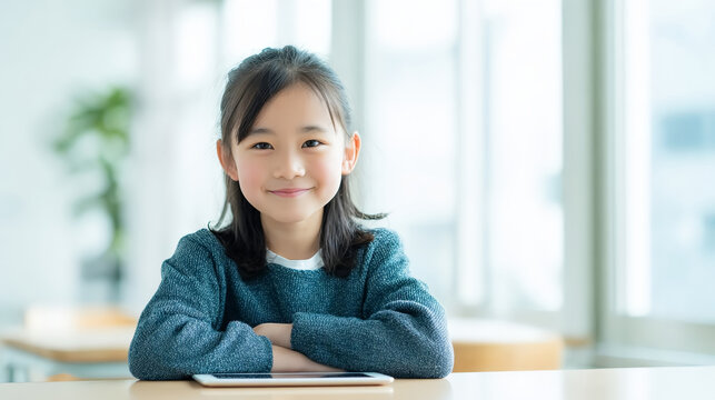 タブレット端末で学習するアジア人小学生03