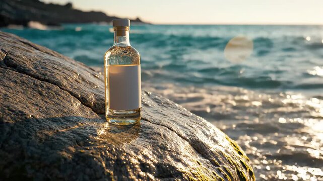 Clear Bottle on Wet Coastal Rock with Gentle Ocean Wave