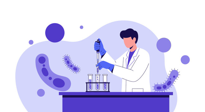 Scientist working with test tubes and microbes in a laboratory, scientific research concept