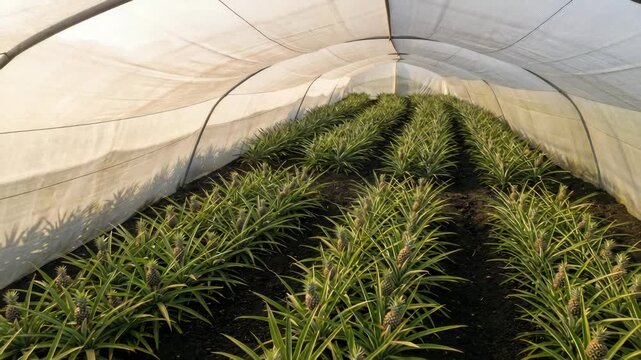 covered pineapple plantation with tent structure in azores portugal zoom out