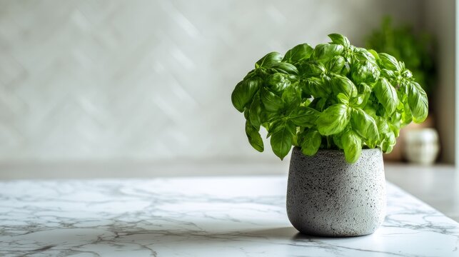 Green basil leaves in a pot sat on a white marble kitchen table.