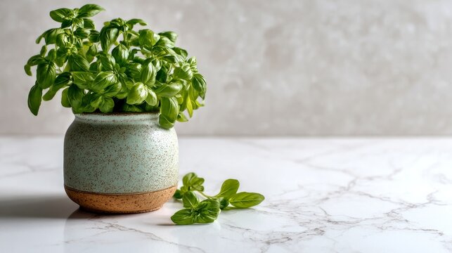 Green basil leaves in a pot sat on a white marble kitchen table.