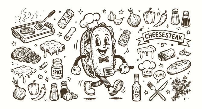 1930's Style Vintage Rubber Hose Style Philly Cheesesteak Character and Culinary Doodle Set