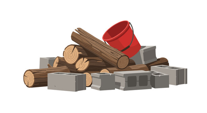 A rustic pile of textured wooden logs and heavy grey cinder blocks is accented by a vibrant red plastic bucket leaning against the side of the construction heap.