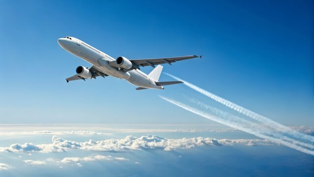 Passenger jet airplane soaring through a clear blue sky above clouds
