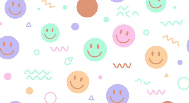 Happy Smiley Faces Wavy Lines Dots Triangles Colorful Pattern
