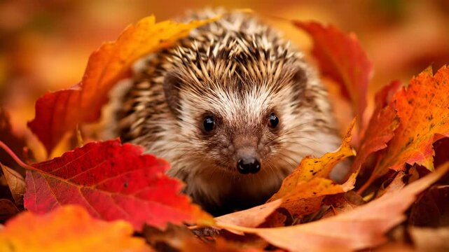 Cute hedgehog in autumn leaves, nature, animal, fall colors, wildlife. Hedgehog nestled in colorful leaves, close-up view, seasonal mood