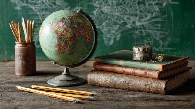 Earth model, pencils, and books sit on a wooden surface by a green board for notes. This is for a geography class.