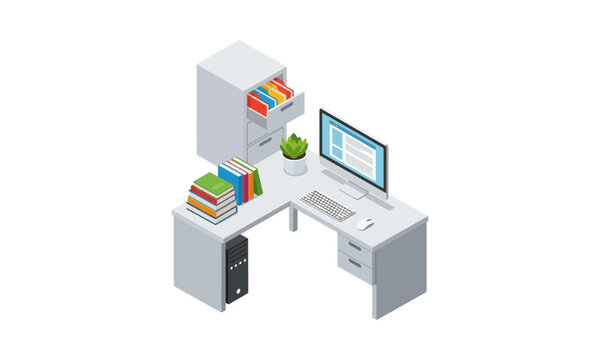 Isometric Office Workspace with Computer and Filing Cabinet.