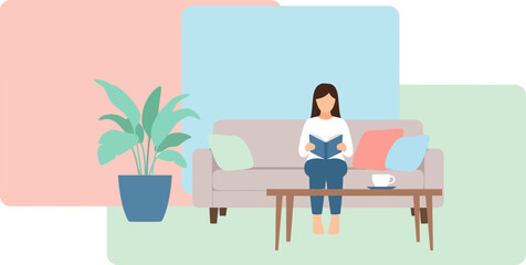 Fototapeta premium A woman relaxing on a comfortable couch, engrossed in a book, with a potted plant and a cup of coffee on a side table in a cozy living room setting, promoting a sense of peace and tranquility