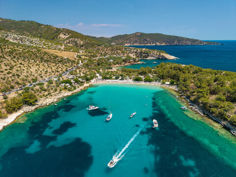 Aerial View of Luxury Sailboats in Alyki Beach, Thasos, Greece