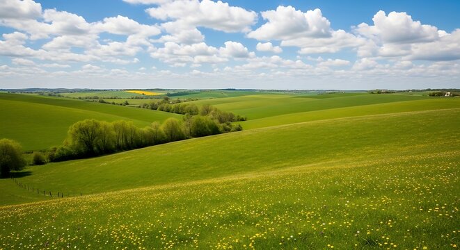 A serene landscape of rolling green hills and fields under a blue sky with fluffy white clouds