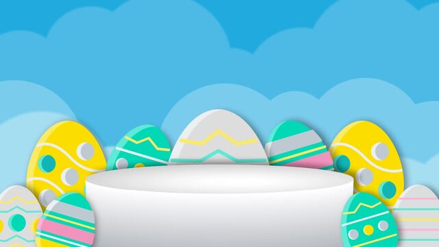 easter podium with painted eggs and spring meadow, looping video